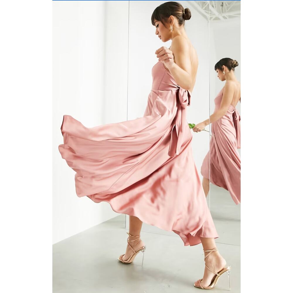 ASOS DESIGN Bridesmaid satin midi dress with tie back in dusky rose - Picture 4 of 4